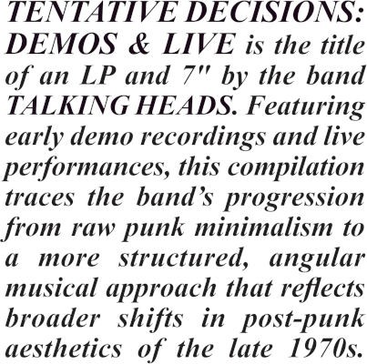 Talking Heads - Tentative Decisions: Demos & Live (Reedice 2026) /LP+7" Vinyl